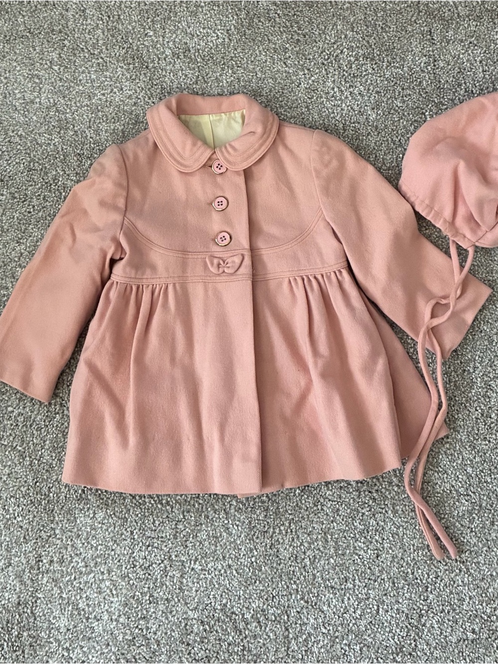 Vintage 1960 Classic Pink Girls' Wool Coat with Matching Bonnet